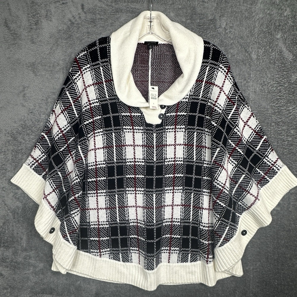 Talbots Poncho Sweater Women's Large Plaid Lambswool Nylon Cozy Soft Cowl NWT